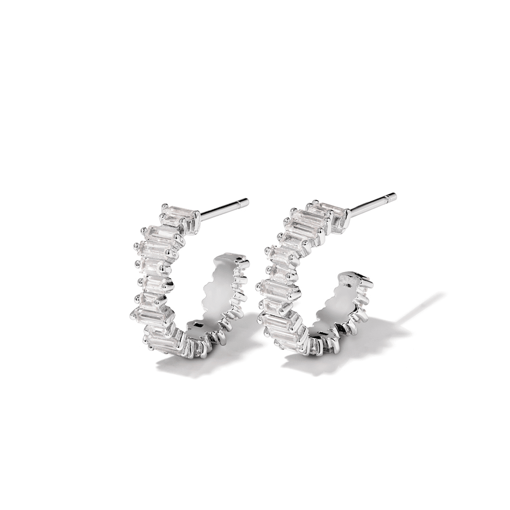 Cubic Zirconia Asymmetric Baguette Hoop Stud Earrings in Sterling Silver Earrings Bevilles 