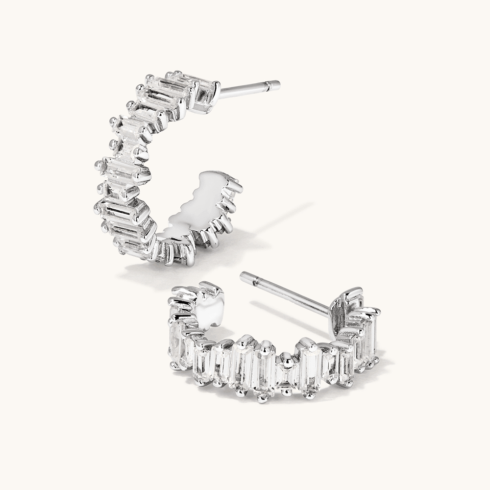 Cubic Zirconia Asymmetric Baguette Hoop Stud Earrings in Sterling Silver Earrings Bevilles 