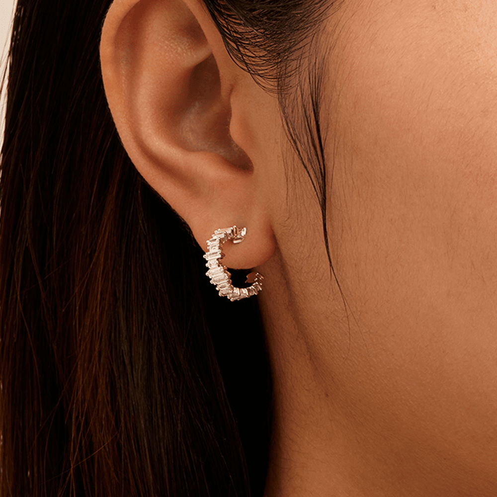 Cubic Zirconia Asymmetric Baguette Hoop Stud Earrings in Sterling Silver Earrings Bevilles 