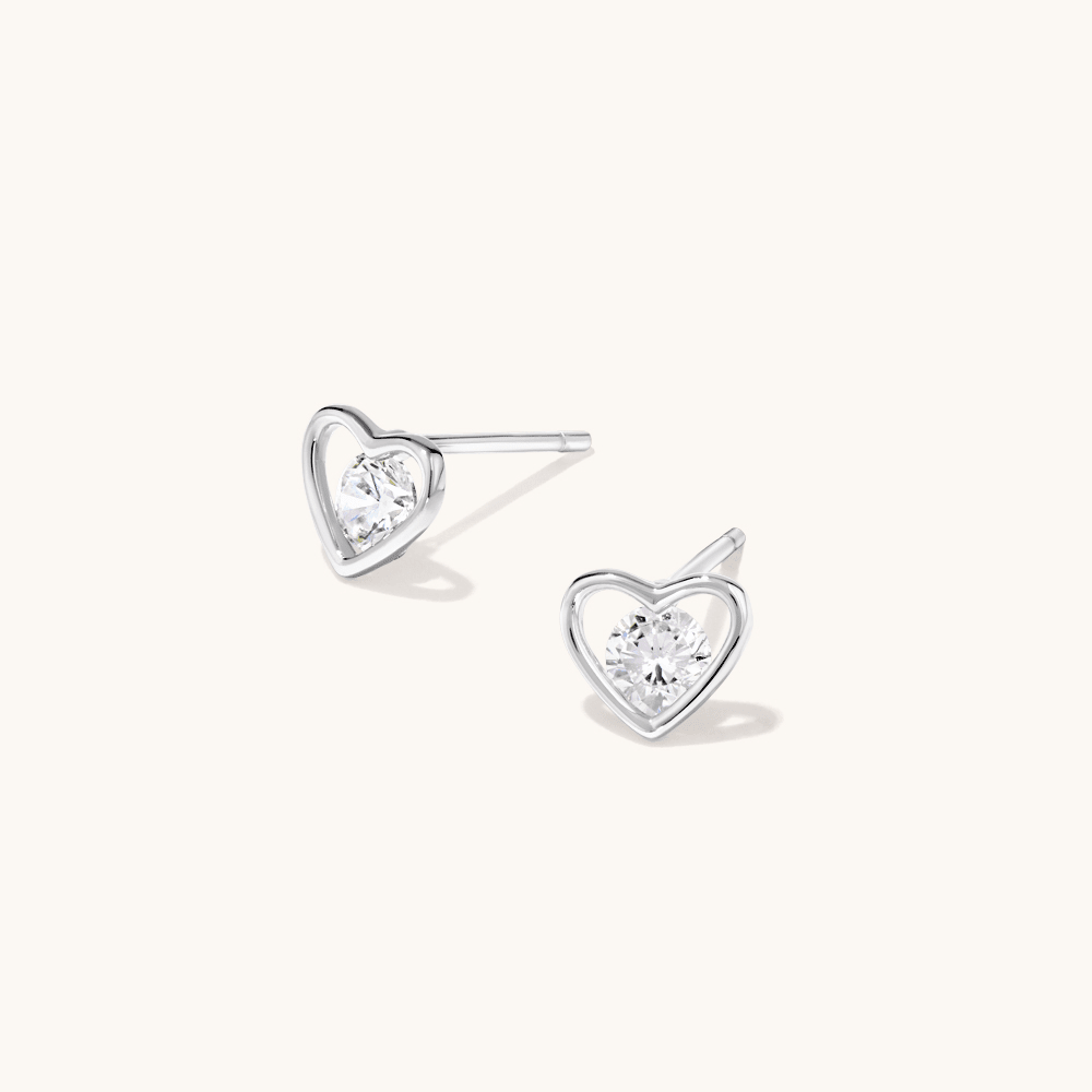 Open Heart with Round Cubic Zirconium Studs in Sterling Silver Earrings Bevilles 