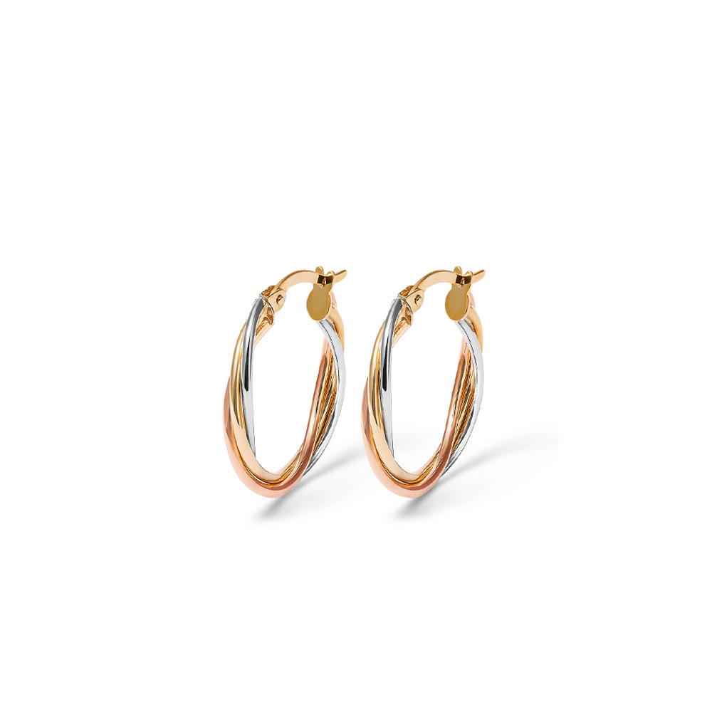 15mm Three Strand Twist Hoop Earrings in 9kt Tri-colour Gold Earrings Bevilles 