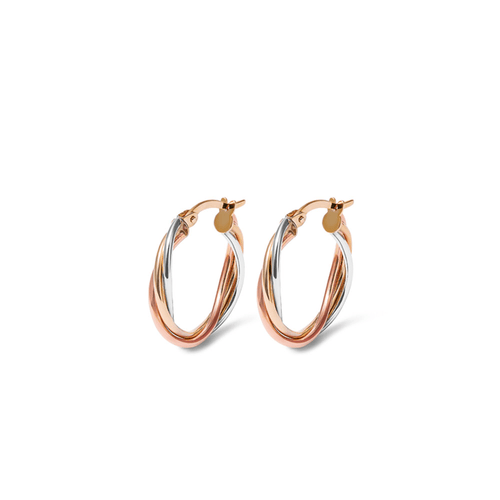 15mm Three Strand Twist Hoop Earrings in 9kt Tri-colour Gold Earrings Bevilles 