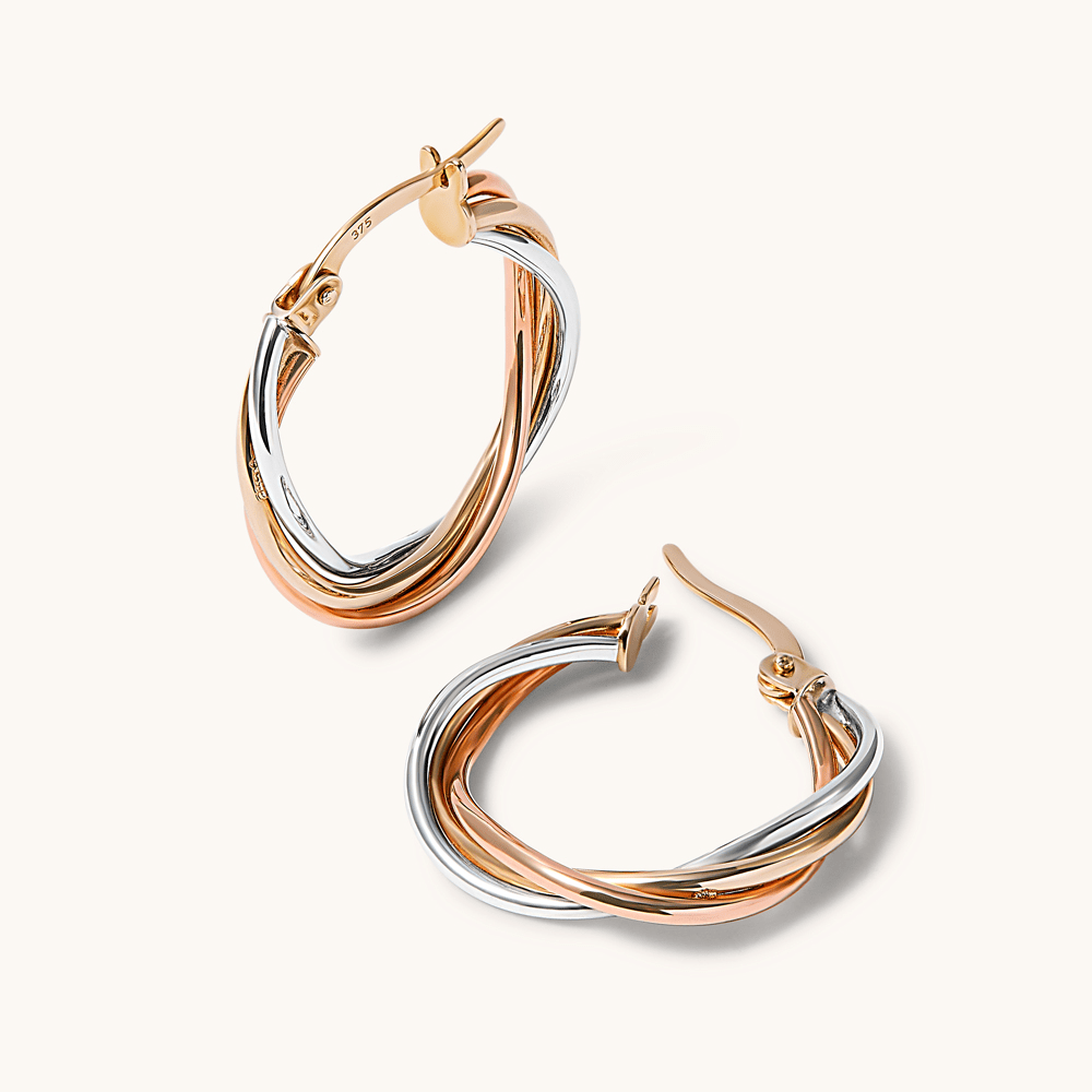 15mm Three Strand Twist Hoop Earrings in 9kt Tri-colour Gold Earrings Bevilles 