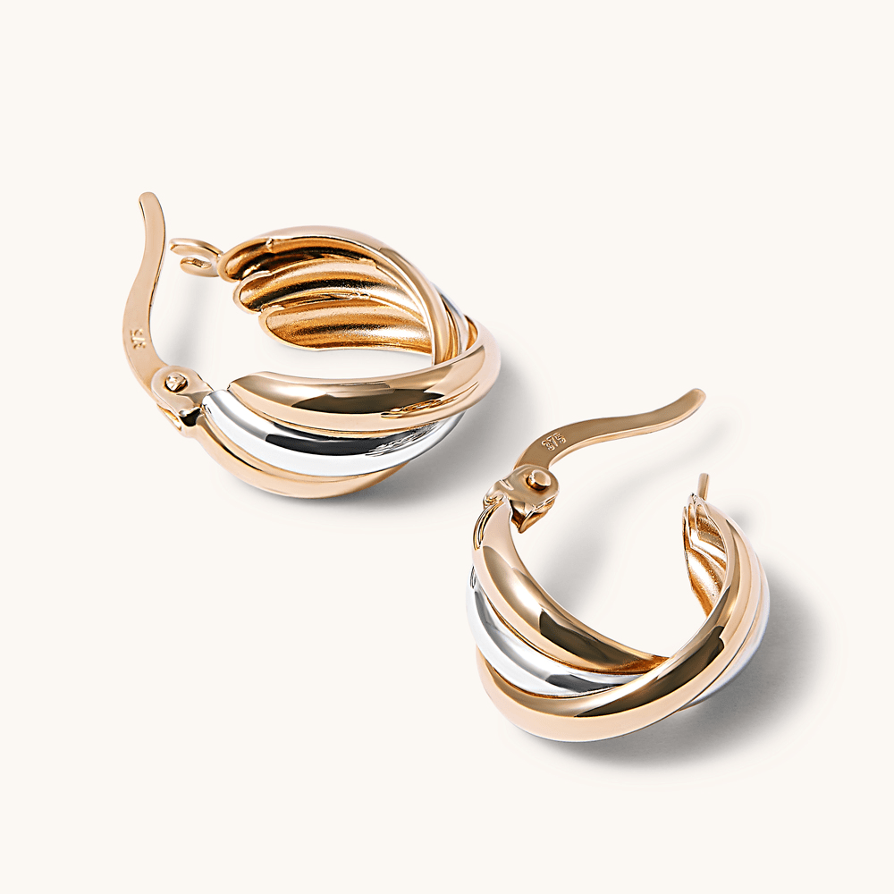 9mm Fancy Three Strand Hoop Earrings in 9kt Tri-Tone Gold Earrings Bevilles 