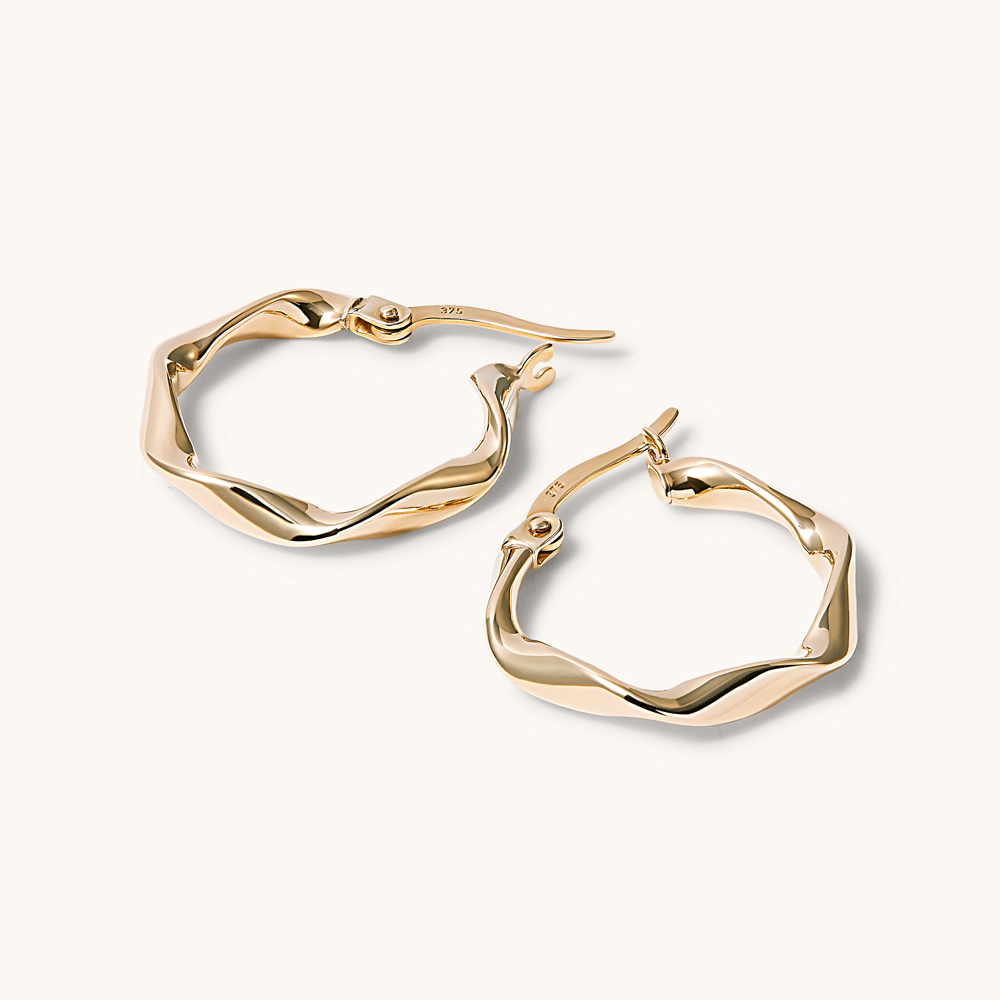 15mm Ribbon Twist Hoop Earrings in 9kt Yellow Gold Earrings Bevilles 