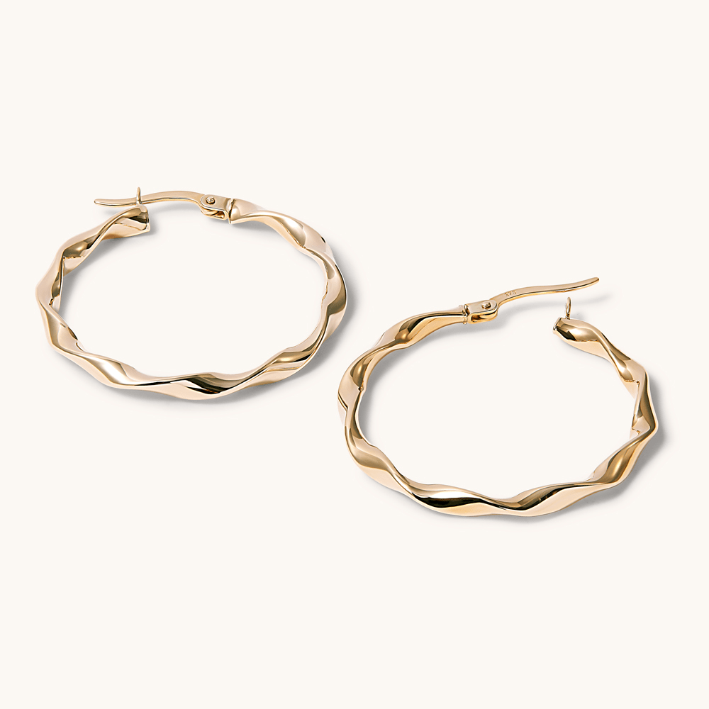 25mm Ribbon Twist Hoop Earrings in 9kt Yellow Gold Earrings Bevilles 