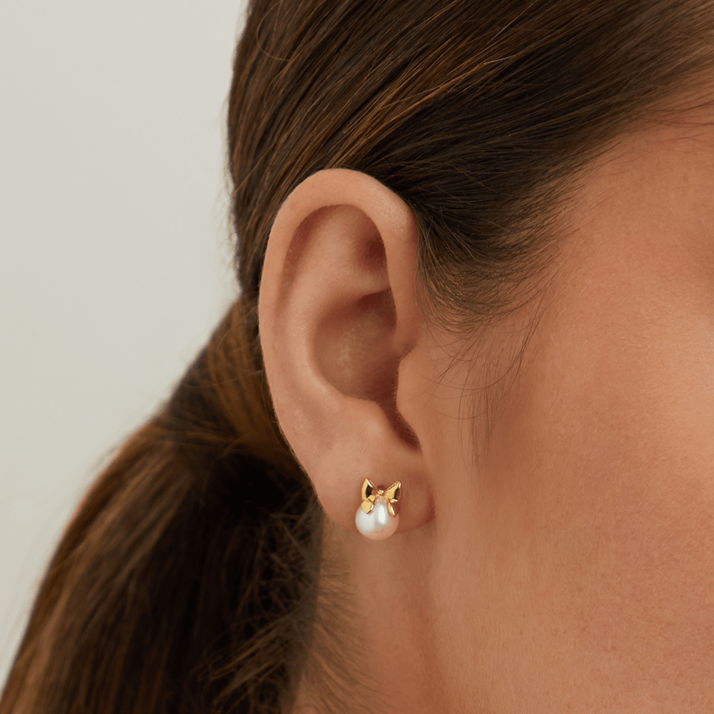 7mm Pearl Bow Studs in 18kt Gold Plated Sterling Silver Earrings Bevilles 