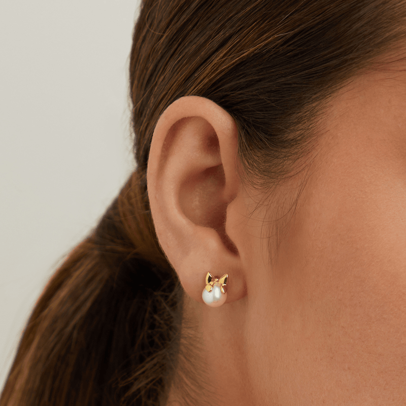 7mm Pearl Bow Studs in 18kt Gold Plated Sterling Silver Earrings Bevilles 