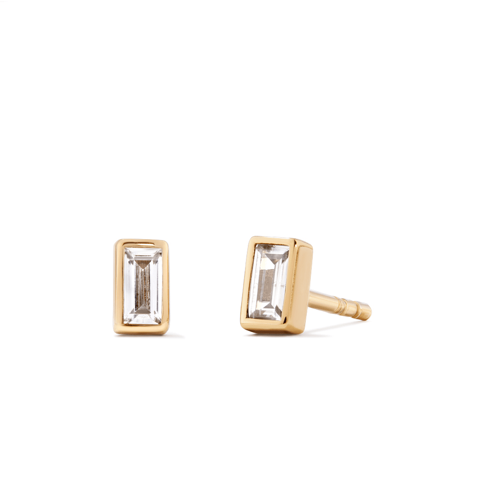2mm Emerald Cut Cubic Zirconia Bezel Set Stud Earrings in 18kt Gold Plated Sterling Silver Earrings Bevilles 