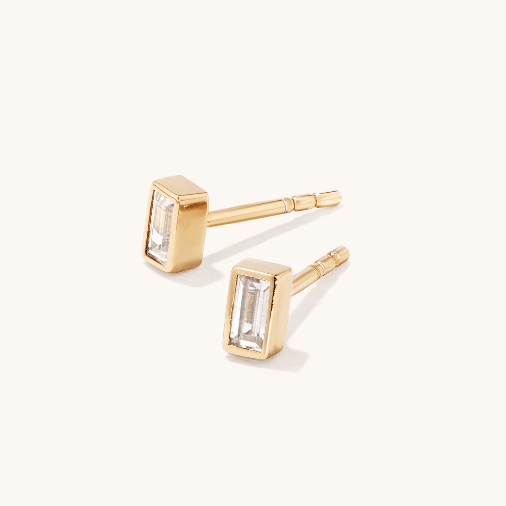 2mm Emerald Cut Cubic Zirconia Bezel Set Stud Earrings in 18kt Gold Plated Sterling Silver Earrings Bevilles 