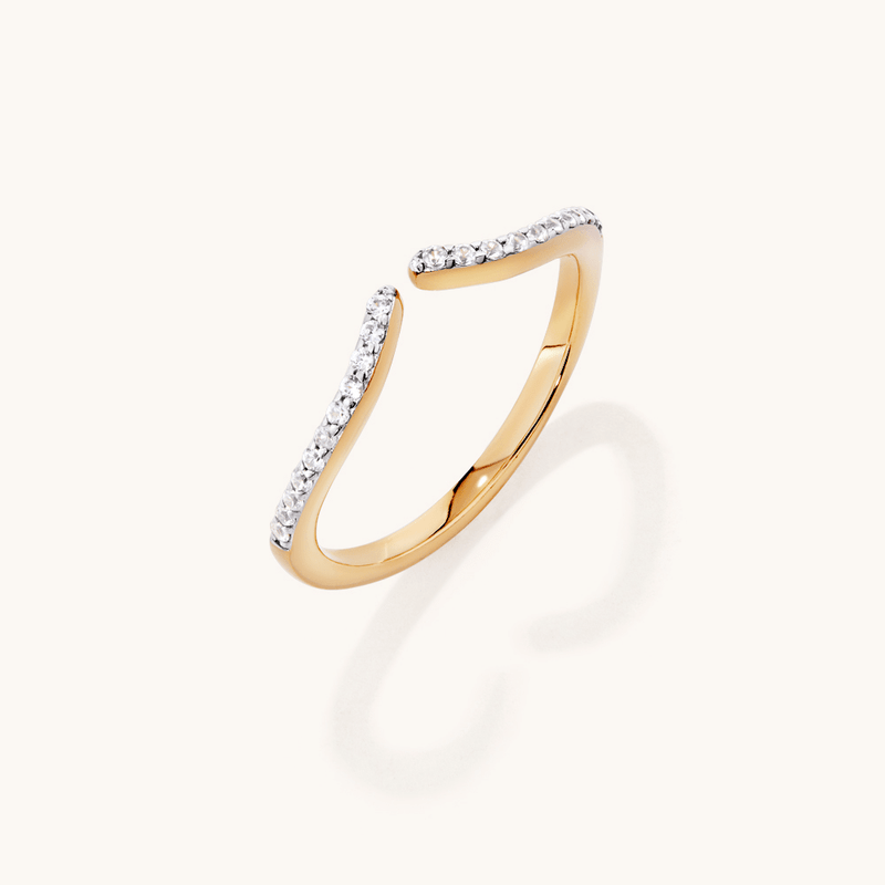 Pave Cubic Zirconia Open Wave Ring in 18kt Gold Plated Sterling Silver Rings Bevilles 