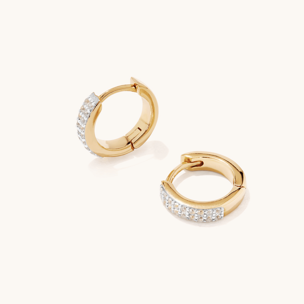 10mm Double Row Pave Cubic Zirconia Huggie Earrings in 18kt Gold-Plated Sterling Silver Earrings Bevilles 