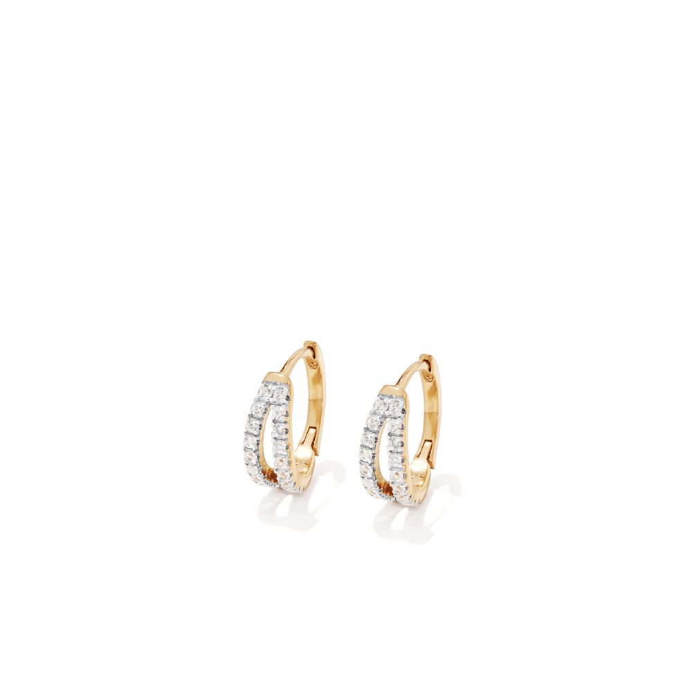 10mm Split Row Cubic Zirconia Huggie Earrings in 18kt Gold Plated Sterling Silver Earrings Bevilles 