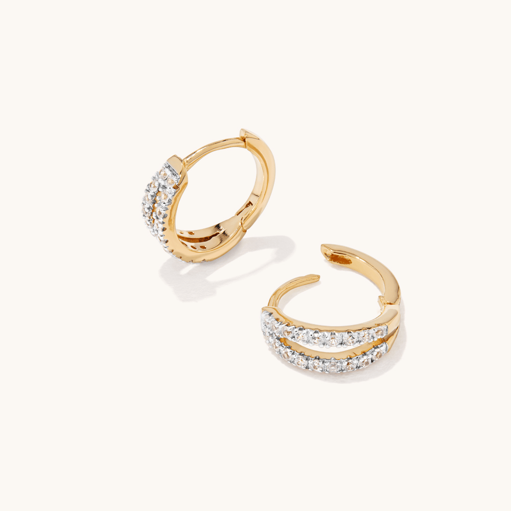 10mm Split Row Cubic Zirconia Huggie Earrings in 18kt Gold Plated Sterling Silver Earrings Bevilles 