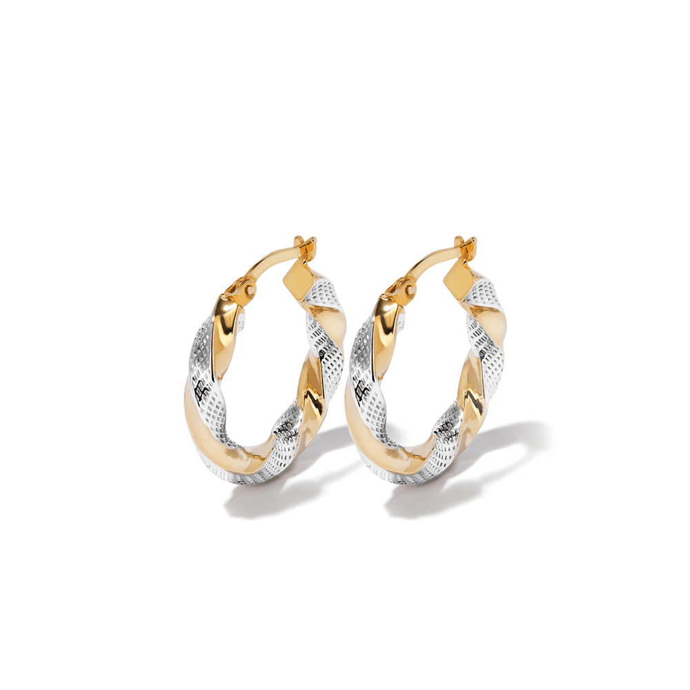 15mm Two-Toned Twist Hoop Earrings in 9kt Bonded Yellow and White Gold Earrings Bevilles 