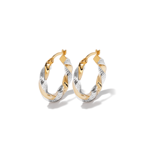 15mm Two-Toned Twist Hoop Earrings in 9kt Bonded Yellow and White Gold Earrings Bevilles 