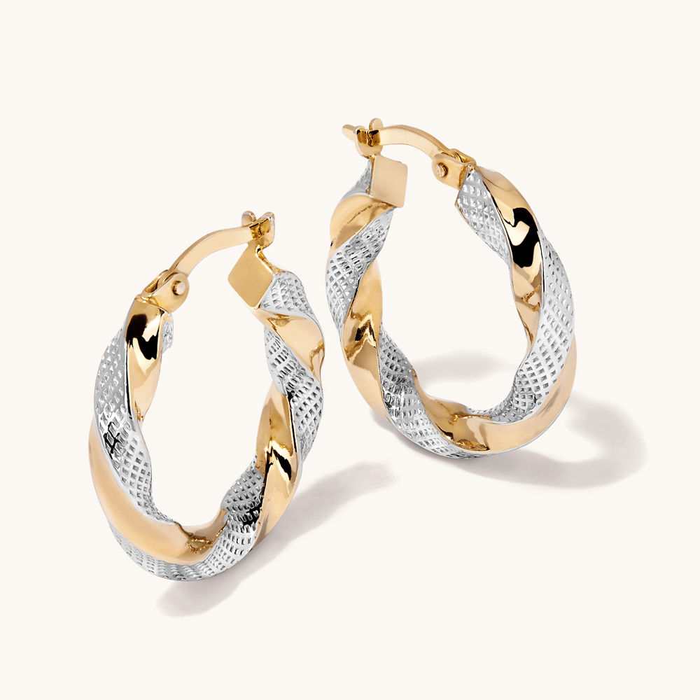 15mm Two-Toned Twist Hoop Earrings in 9kt Bonded Yellow and White Gold Earrings Bevilles 