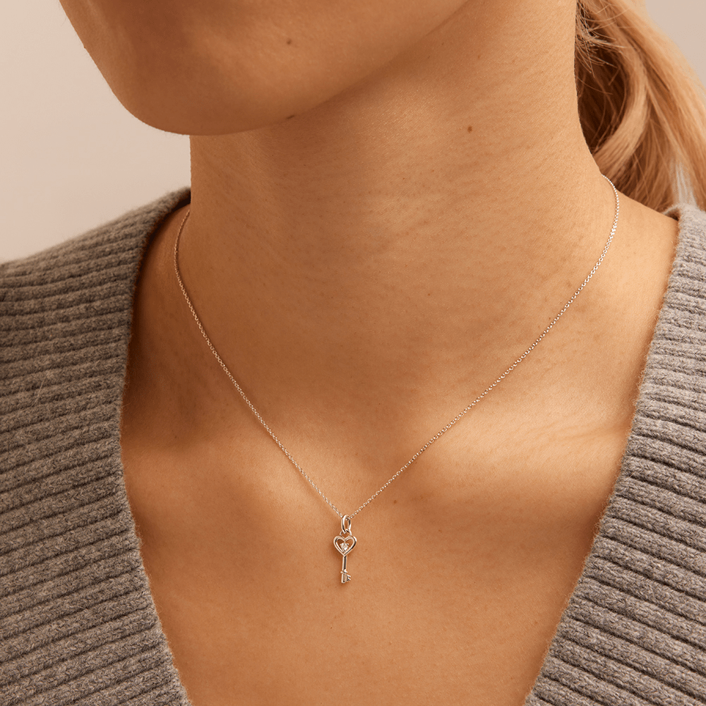 45cm Heart Key Pendant Necklace with 0.01tw of Laboratory-Grown Diamonds in Sterling Silver and Platinum Pendants Bevilles 