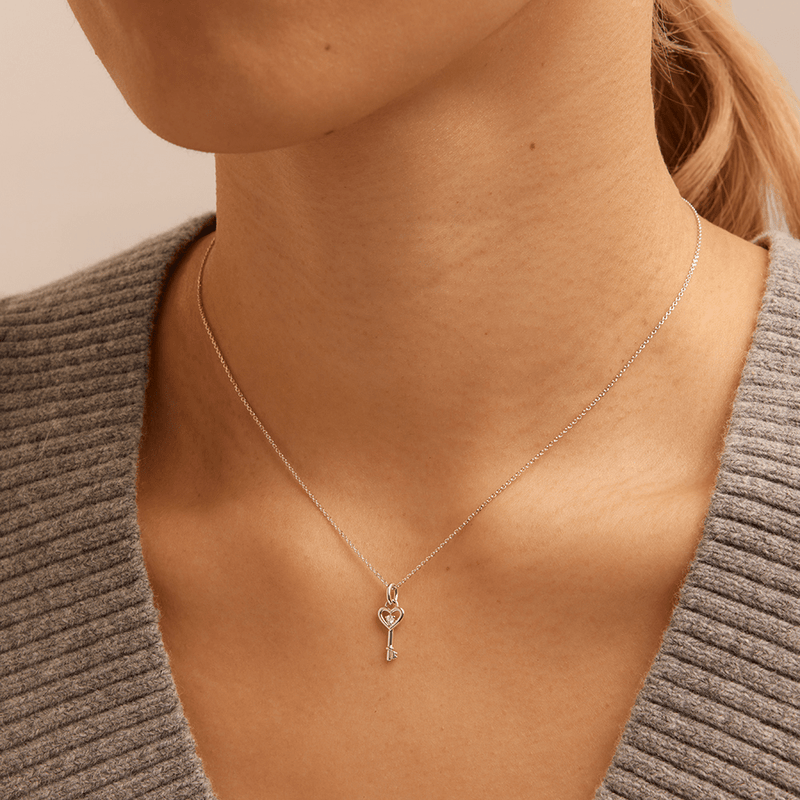 45cm Heart Key Pendant Necklace with 0.01tw of Laboratory-Grown Diamonds in Sterling Silver and Platinum Pendants Bevilles 