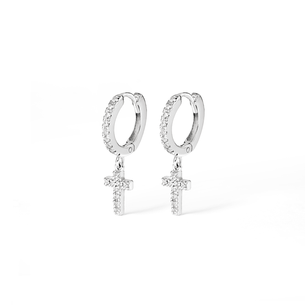 Cubic Zirconia Cross Charm Huggie Earrings in Sterling Silver Earrings Bevilles 