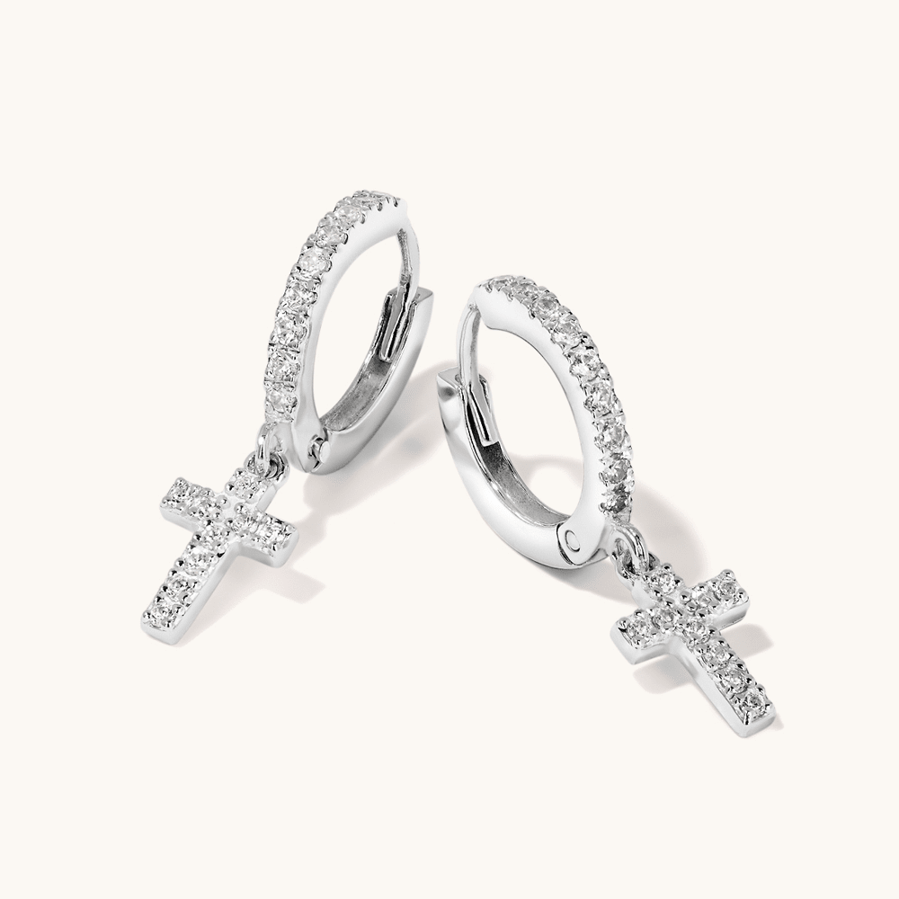 Cubic Zirconia Cross Charm Huggie Earrings in Sterling Silver Earrings Bevilles 
