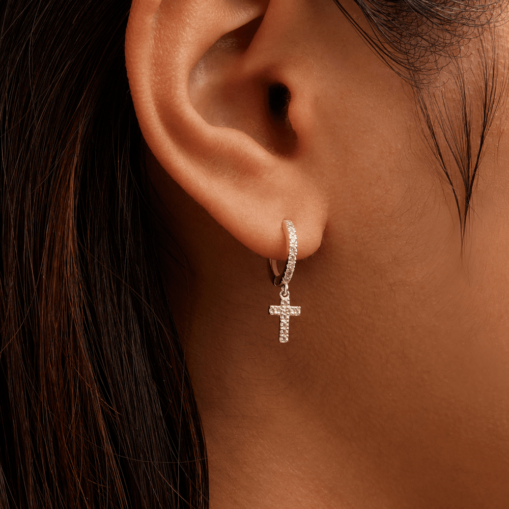 Cubic Zirconia Cross Charm Huggie Earrings in Sterling Silver Earrings Bevilles 
