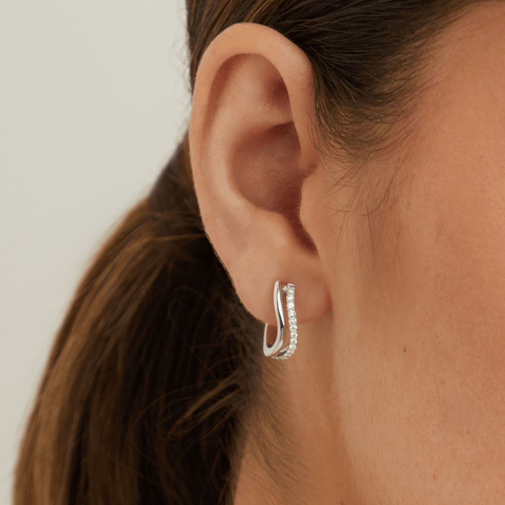 Double Row Wave Hoop Earring with 0.20tw of Laboratory-Grown Diamonds in Sterling Silver and Platinum Earrings Bevilles 