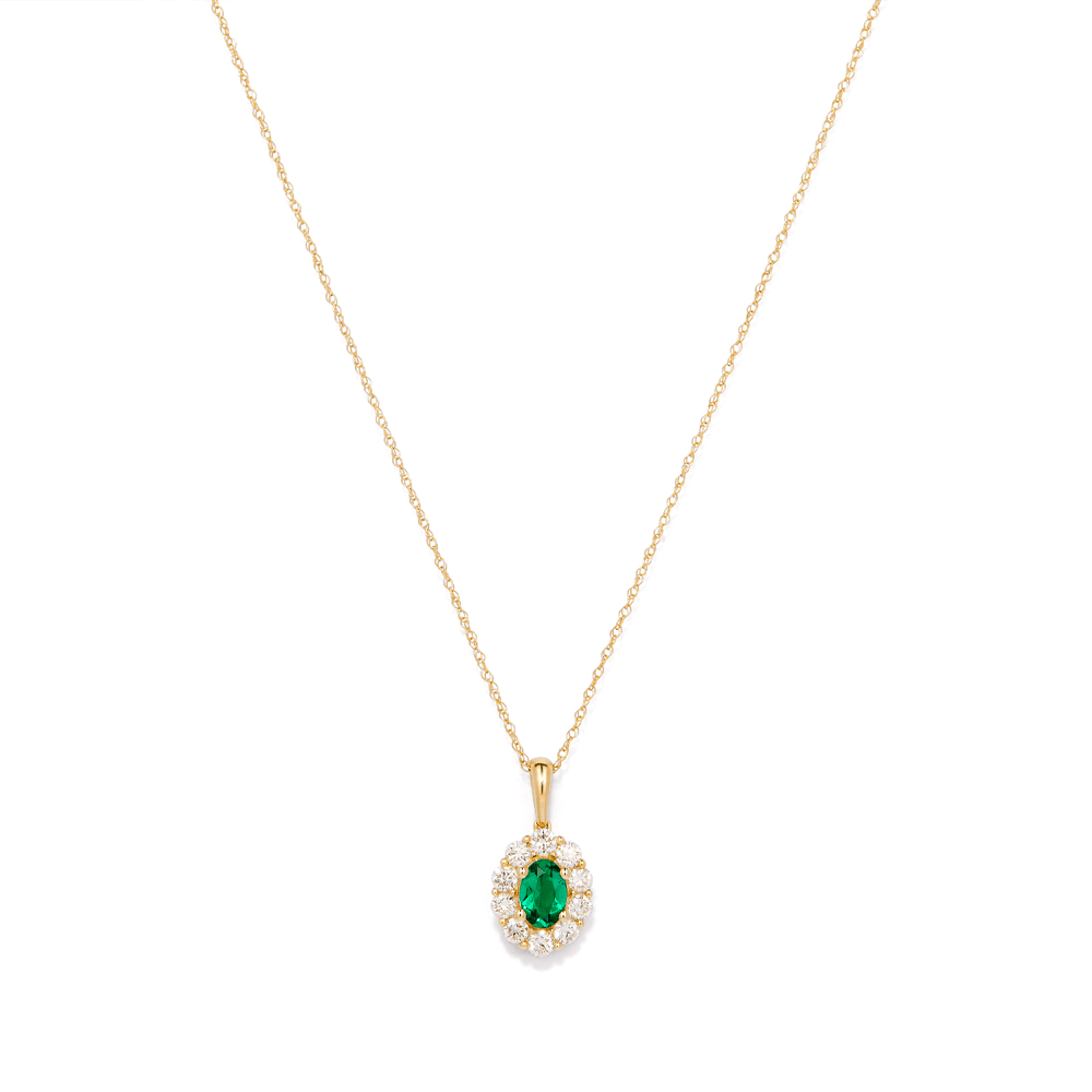 45cm Oval Created Emerald Halo Pendant Necklace with 0.46tw of Laboratory-Grown Diamonds in 9kt Yellow Gold Pendants Bevilles 