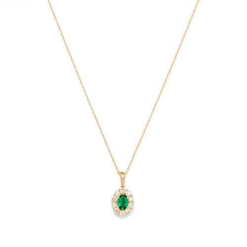 45cm Oval Created Emerald Halo Pendant Necklace with 0.46tw of Laboratory-Grown Diamonds in 9kt Yellow Gold Pendants Bevilles 