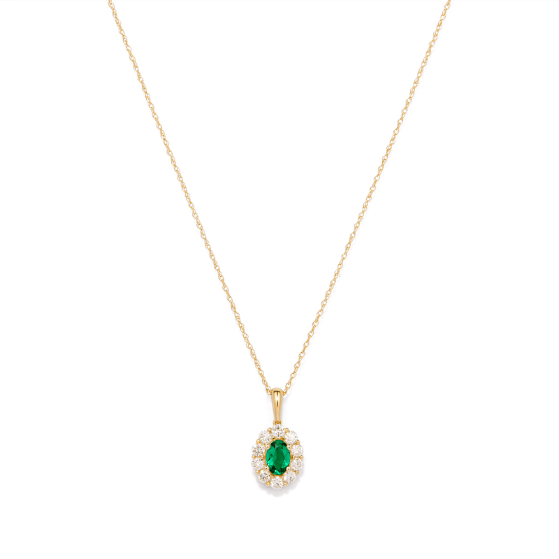 45cm Oval Created Emerald Halo Pendant Necklace with 0.46tw of Laboratory-Grown Diamonds in 9kt Yellow Gold Pendants Bevilles 
