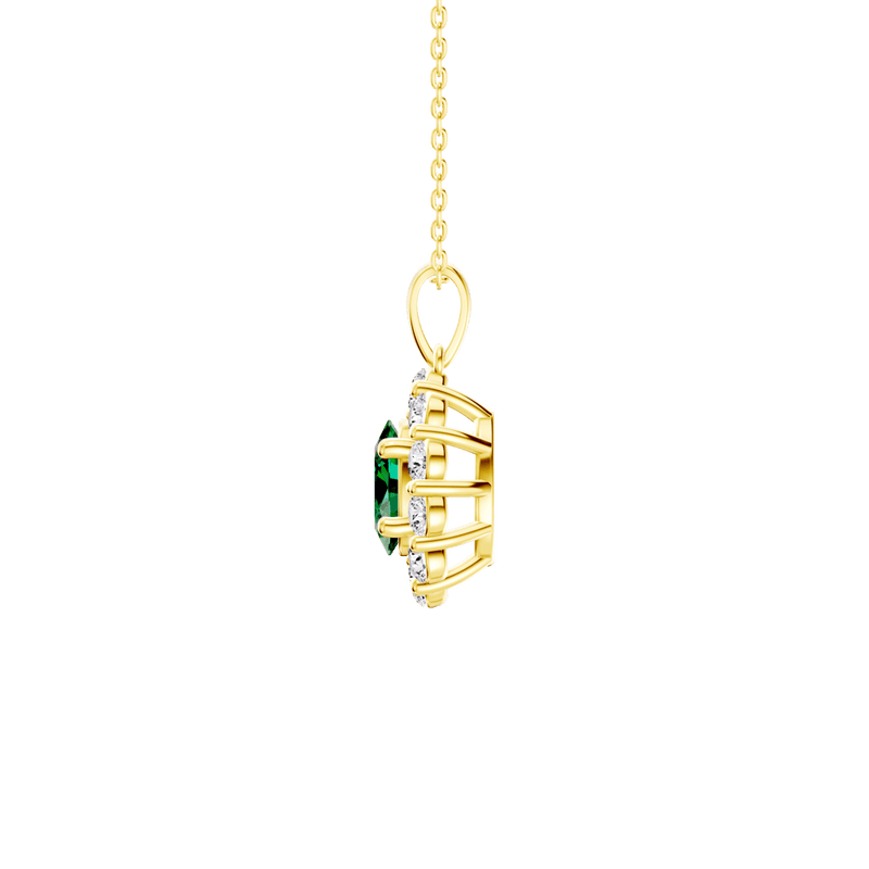 45cm Oval Created Emerald Halo Pendant Necklace with 0.46tw of Laboratory-Grown Diamonds in 9kt Yellow Gold Pendants Bevilles 