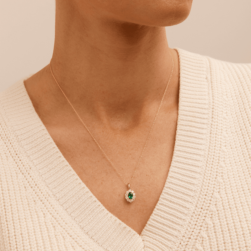 45cm Oval Created Emerald Halo Pendant Necklace with 0.46tw of Laboratory-Grown Diamonds in 9kt Yellow Gold Pendants Bevilles 