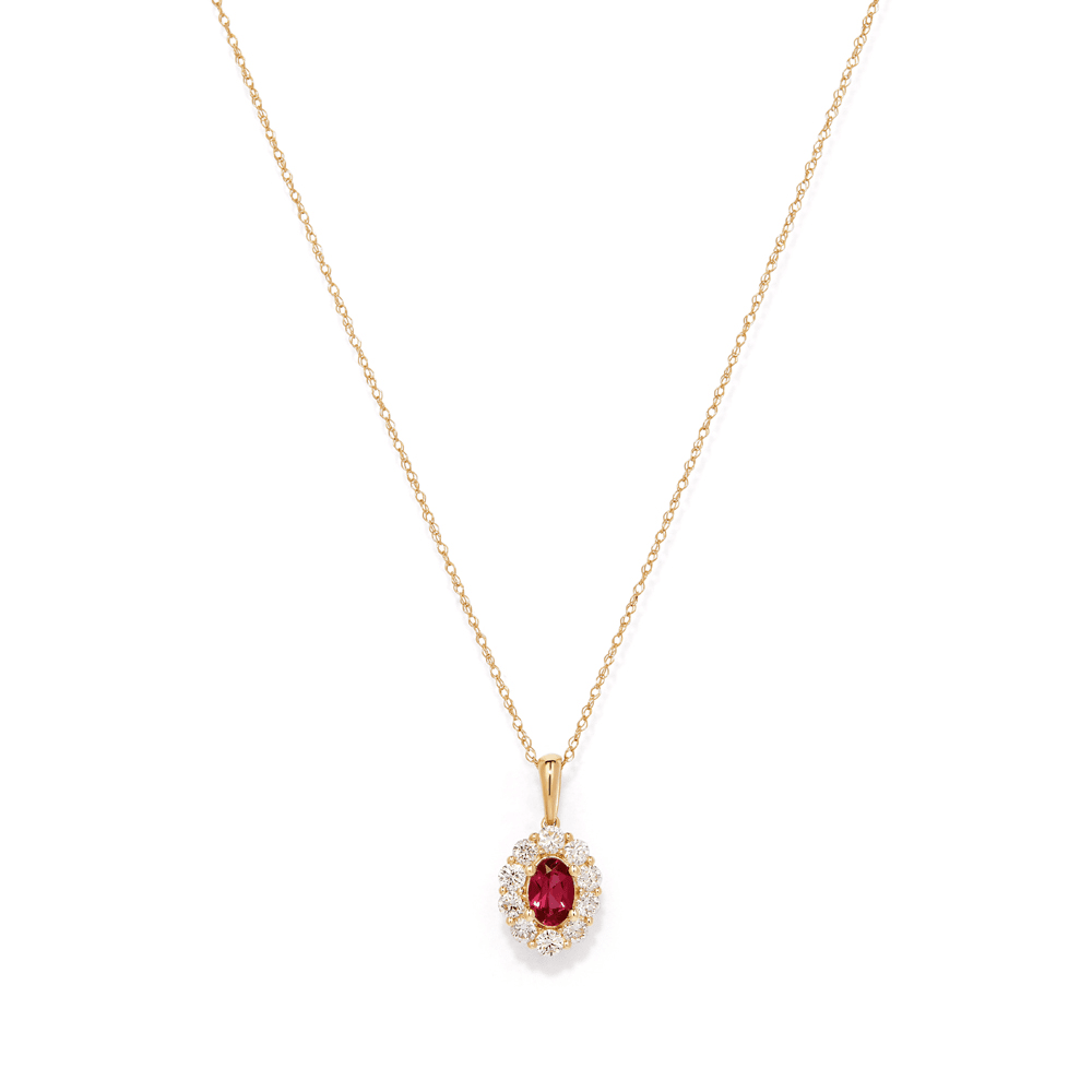 45cm Oval Created Ruby Halo Pendant Necklace with 0.46tw of Laboratory-Grown Diamonds in 9kt Yellow Gold Pendants Bevilles 