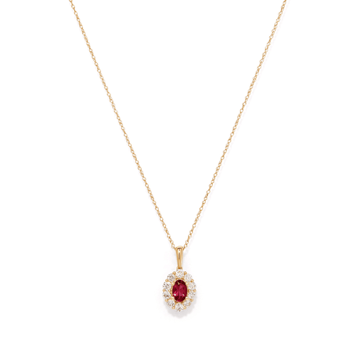 45cm Oval Created Ruby Halo Pendant Necklace with 0.46tw of Laboratory-Grown Diamonds in 9kt Yellow Gold Pendants Bevilles 
