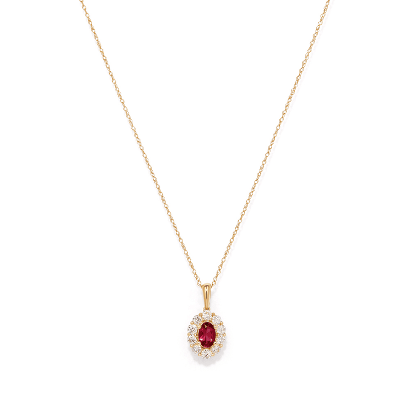 45cm Oval Created Ruby Halo Pendant Necklace with 0.46tw of Laboratory-Grown Diamonds in 9kt Yellow Gold Pendants Bevilles 