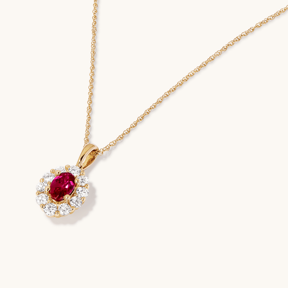 45cm Oval Created Ruby Halo Pendant Necklace with 0.46tw of Laboratory-Grown Diamonds in 9kt Yellow Gold Pendants Bevilles 