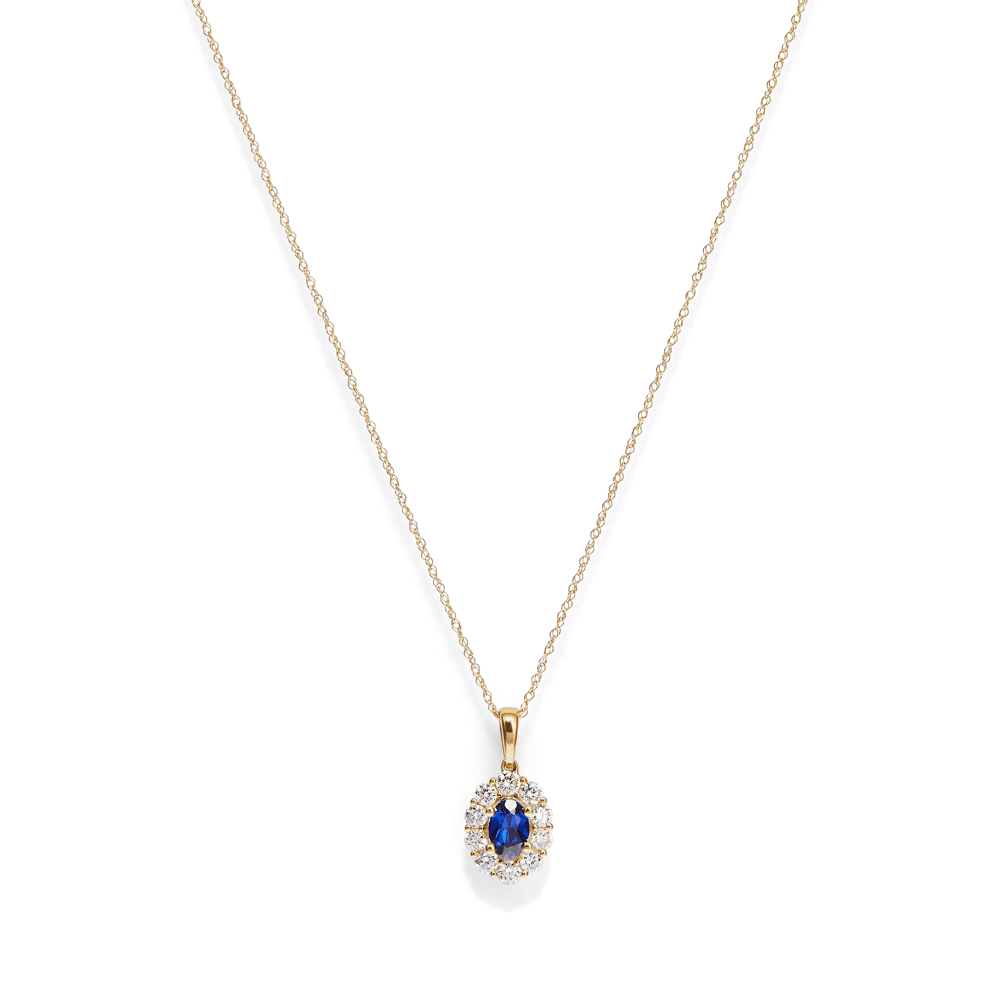45cm Oval Created Sapphire Halo Pendant Necklace with 0.46tw of Laboratory-Grown Diamonds in 9kt Yellow Gold Pendants Bevilles 