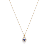 45cm Oval Created Sapphire Halo Pendant Necklace with 0.46tw of Laboratory-Grown Diamonds in 9kt Yellow Gold Pendants Bevilles 