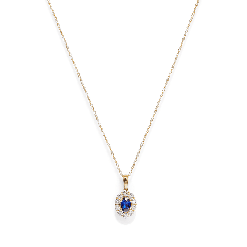 45cm Oval Created Sapphire Halo Pendant Necklace with 0.46tw of Laboratory-Grown Diamonds in 9kt Yellow Gold Pendants Bevilles 