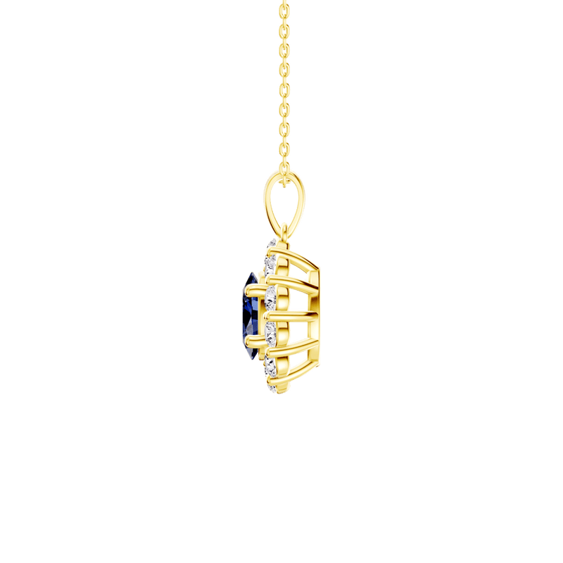 45cm Oval Created Sapphire Halo Pendant Necklace with 0.46tw of Laboratory-Grown Diamonds in 9kt Yellow Gold Pendants Bevilles 
