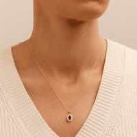 45cm Oval Created Sapphire Halo Pendant Necklace with 0.46tw of Laboratory-Grown Diamonds in 9kt Yellow Gold Pendants Bevilles 