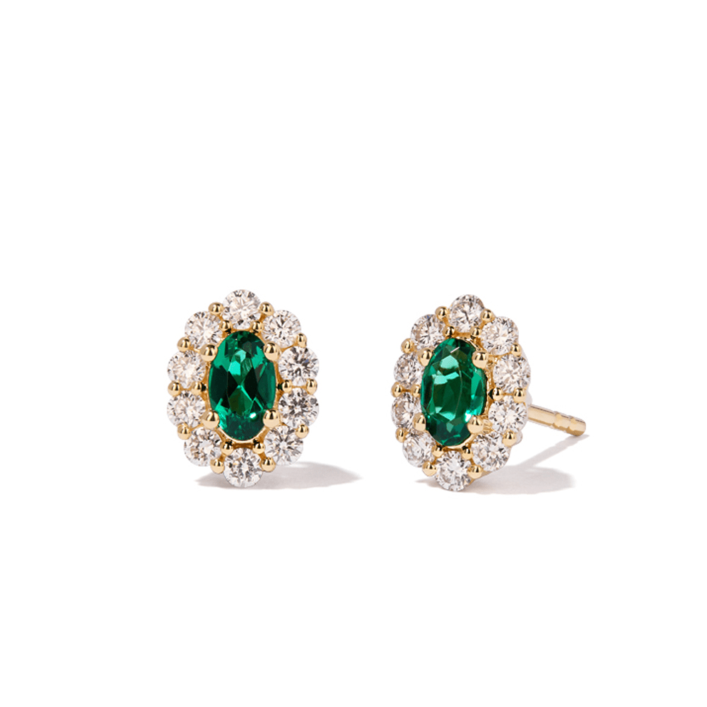 Oval Created Emerald Halo Stud Earrings with 0.44tw of Laboratory-Grown Diamonds in 9kt Yellow Gold Earrings Bevilles 