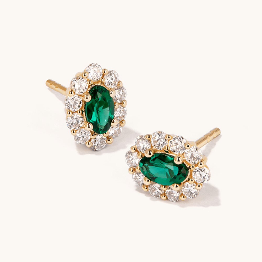 Oval Created Emerald Halo Stud Earrings with 0.44tw of Laboratory-Grown Diamonds in 9kt Yellow Gold Earrings Bevilles 