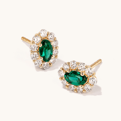 Oval Created Emerald Halo Stud Earrings with 0.44tw of Laboratory-Grown Diamonds in 9kt Yellow Gold Earrings Bevilles 