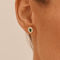 Oval Created Emerald Halo Stud Earrings with 0.44tw of Laboratory-Grown Diamonds in 9kt Yellow Gold Earrings Bevilles 