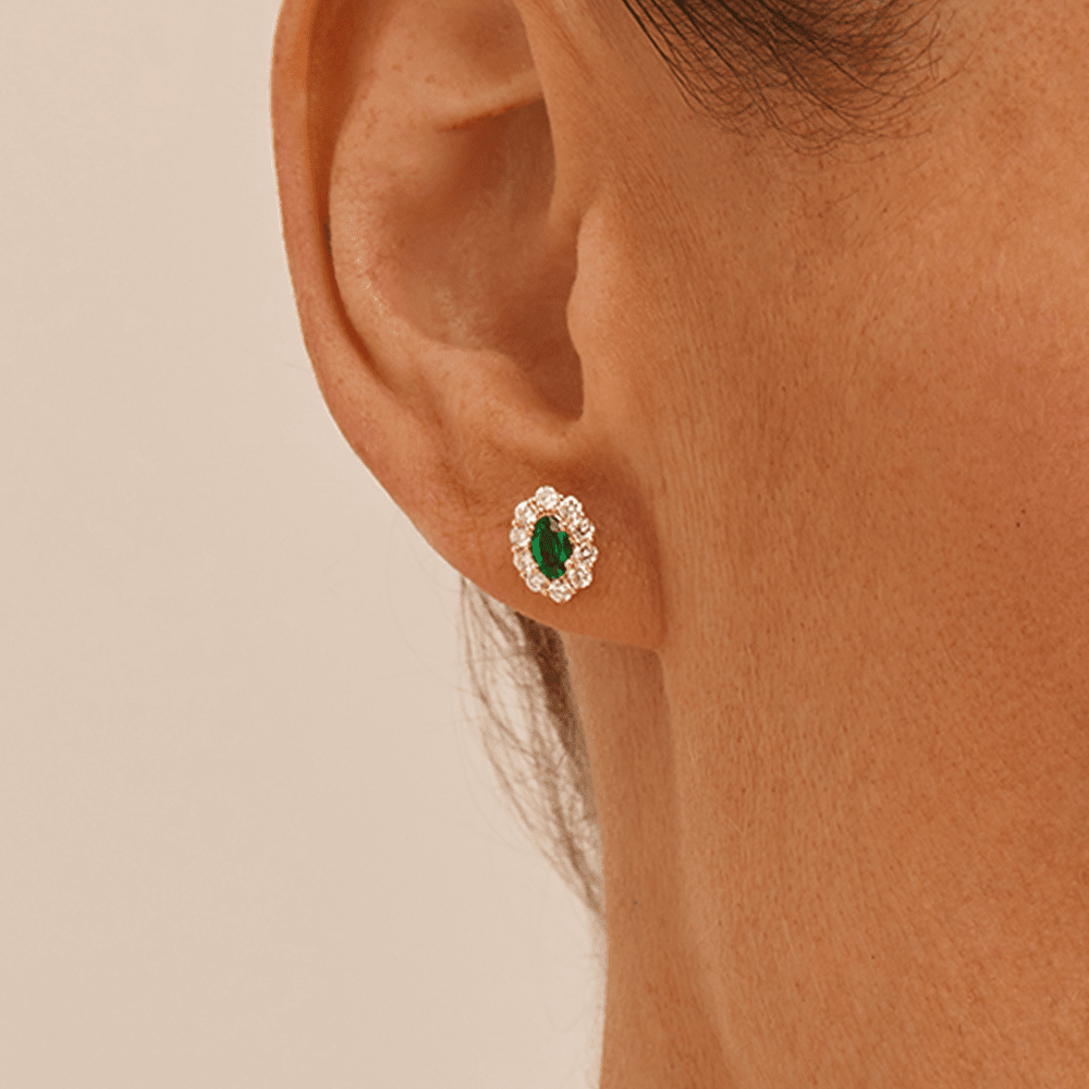 Oval Created Emerald Halo Stud Earrings with 0.44tw of Laboratory-Grown Diamonds in 9kt Yellow Gold Earrings Bevilles 