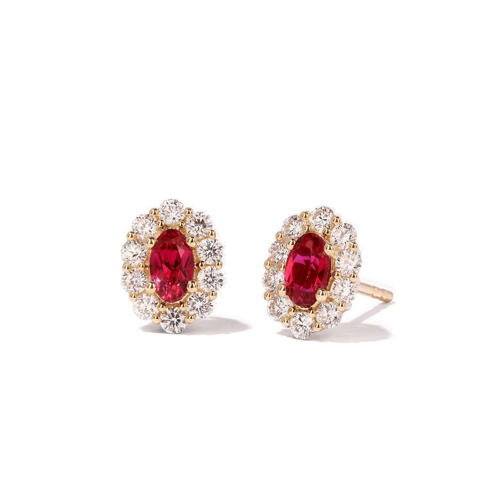 Oval Created Ruby Halo Stud Earrings with 0.44tw of Laboratory-Grown Diamonds in 9kt Yellow Gold Earrings Bevilles 
