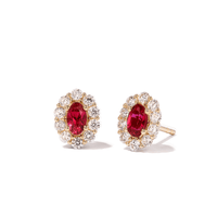 Oval Created Ruby Halo Stud Earrings with 0.44tw of Laboratory-Grown Diamonds in 9kt Yellow Gold Earrings Bevilles 