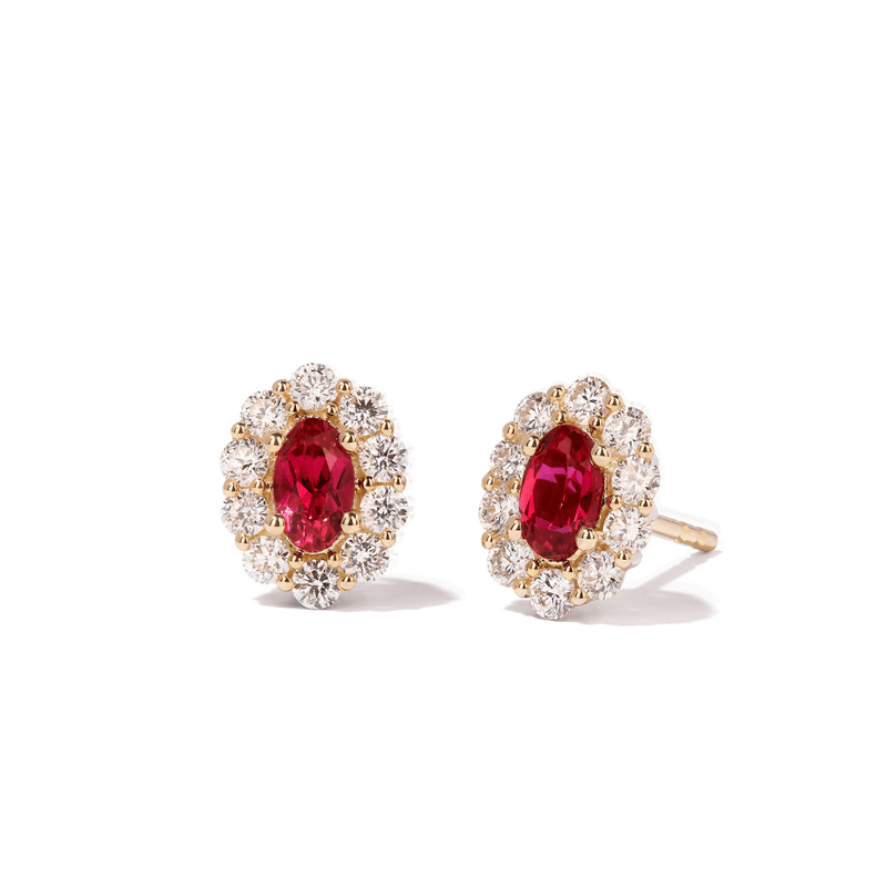 Oval Created Ruby Halo Stud Earrings with 0.44tw of Laboratory-Grown Diamonds in 9kt Yellow Gold Earrings Bevilles 