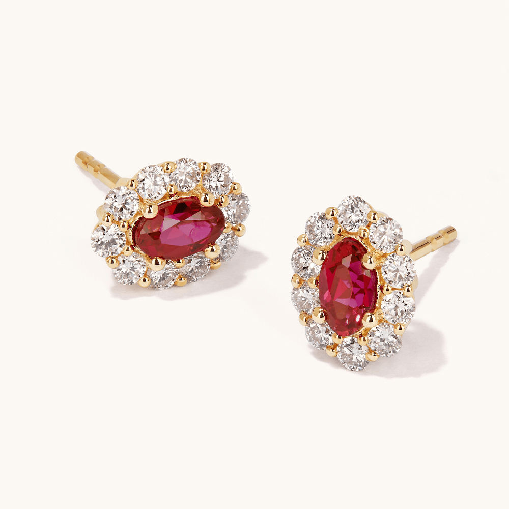 Oval Created Ruby Halo Stud Earrings with 0.44tw of Laboratory-Grown Diamonds in 9kt Yellow Gold Earrings Bevilles 